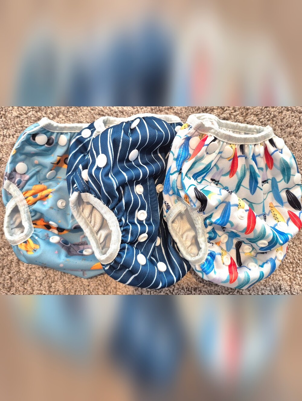 Set Of 3 Reusable Swim Diapers - Fun Surfboard, Navy Stripe, And Submarine Print